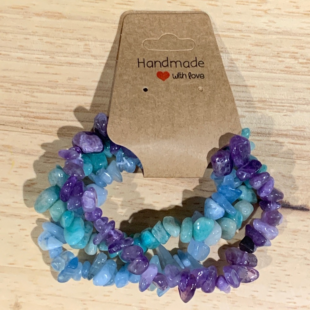 Handmade Chip Stone Bracelet Set Women OS Purple Blue Teal Boho Crystal Healing